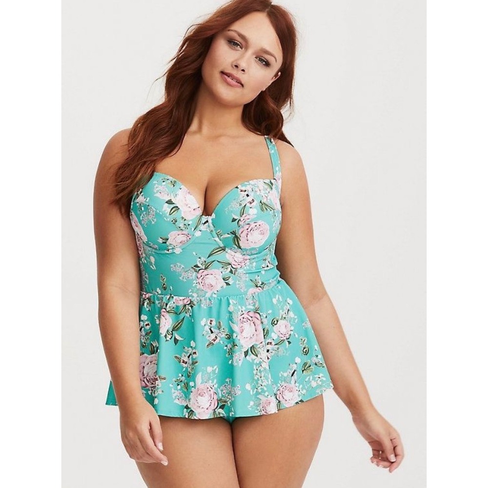 Torrid Swimsuit One Piece Swim Dress Mint Pink Floral  Underwire Plus Size 4X